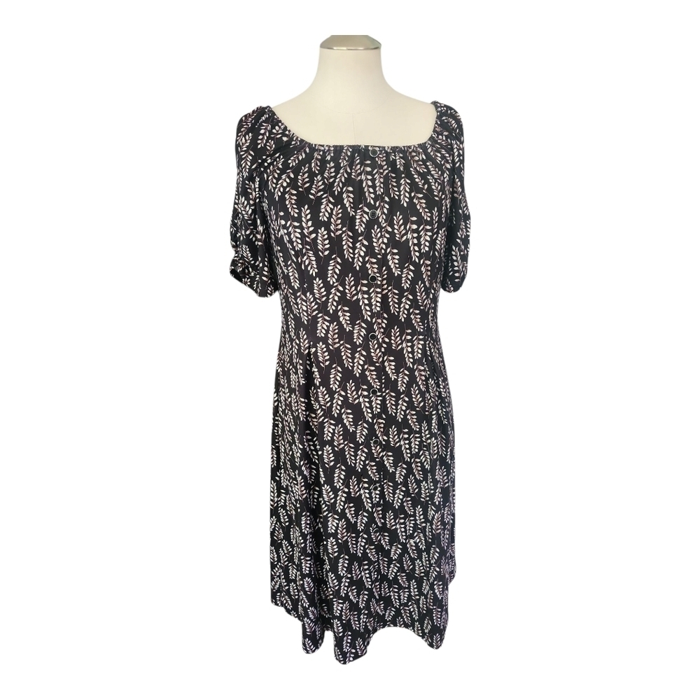 Allegra K Black Leaf Print Dress | Scoop Neck Stretch Knit Dress Size M - Picture 2 of 9